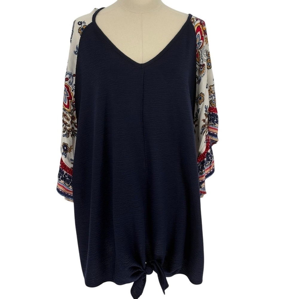Avenue Womens Plus Size 22/24 Navy Blue Boho Floral Tie Front‎ Kimono Sleeve Top